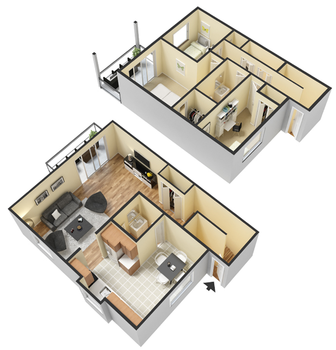 3 Bed - 1.5 Bath, 1350 sq ft, The Stratford Lodge Townhome floorplan